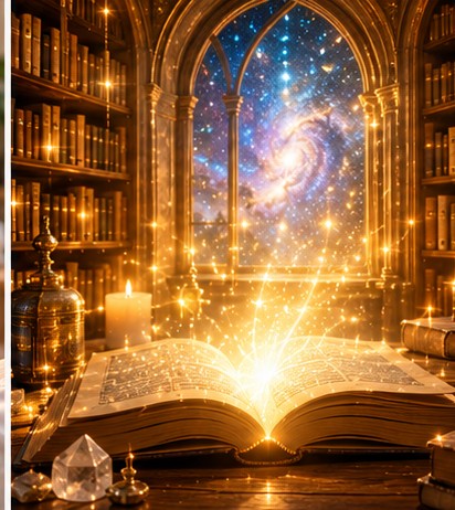Illustration of an open book in a library with an archway and starlight.