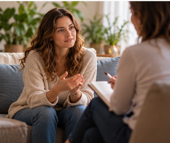 Two people talking face to face in a bright room.
