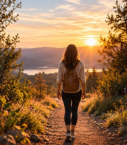 Person walking along a path among trees at sunset.