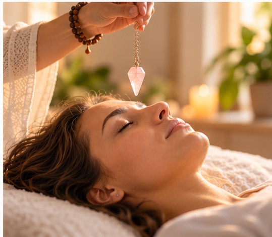 A hand holds a pendulum over a reclining person with closed eyes.