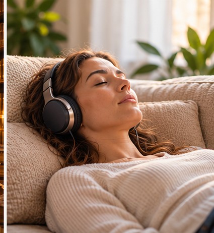 Person reclining on a sofa with eyes closed and headphones on.