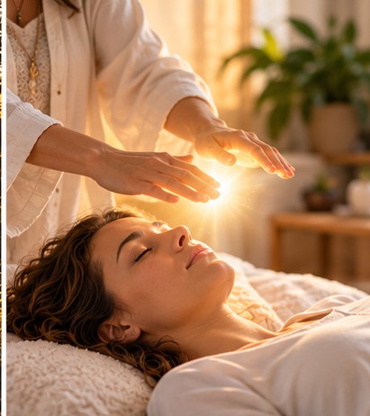Scene of a reclining person with hands held above their head in warm light.